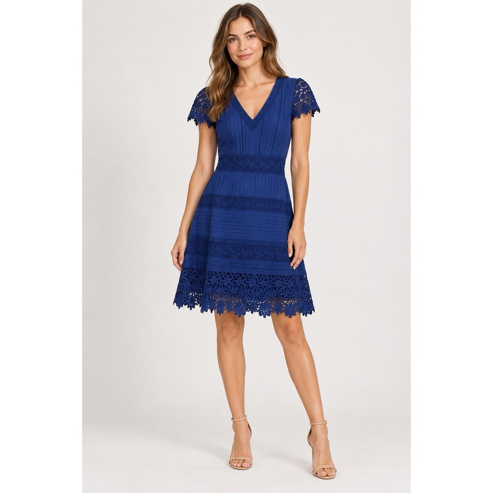 Alice + Olivia Dress Size 2 Blue Cotton Crochet Lace Cap Sleeve V Neck Mini Boho